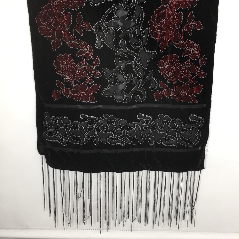 Floral Velvet Burnout Wide Scarf Wrap Black Red Sheer Fringe Evening Romantic - Picture 11 of 15